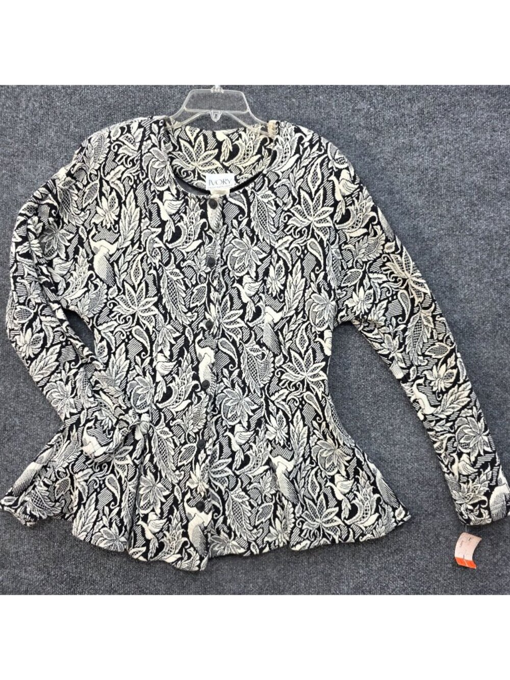 Vtg Ivory International Floral Jacquard Peplum Jacket L Cotton Romantic Goth